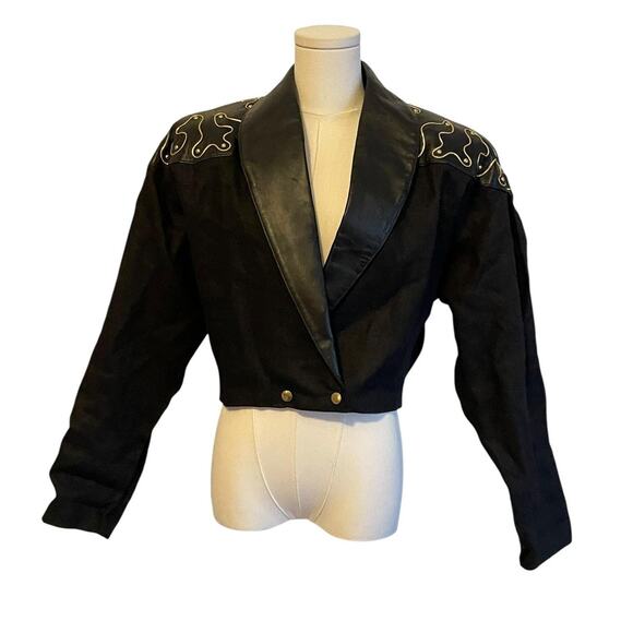 Dali Melamé Jackets & Blazers - Vintage‎ Western Bolero Jacket Womens M Black Linen Leather Embellished 80s USA